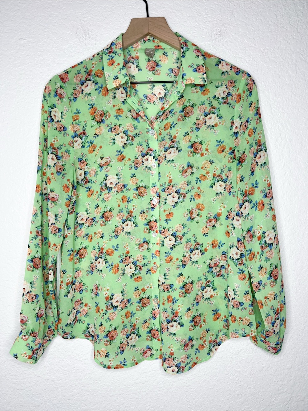 FARM Rio Brazil Green Floral Sheer Button Up Blouse Long Sleeve size Small